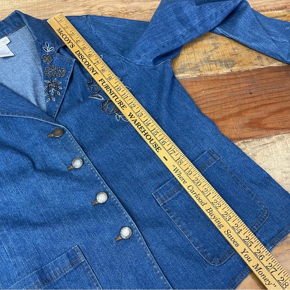 Susan Graver Jacket Womens Large Floral Beaded Embroidered Denim Blazer Stretch - Picture 8 of 12